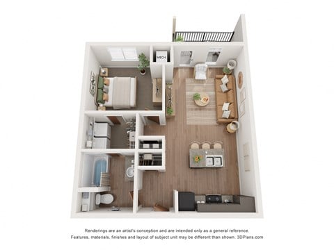 Floor plan for 1 bed, 1 bath, 662 sqft